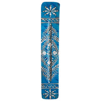 Vibrant blue wooden incense stick holder with white silver floral patterns Q330