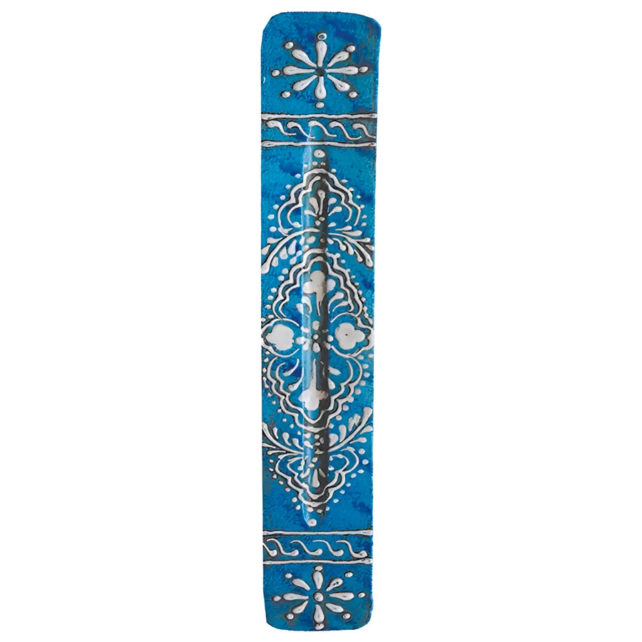 Vibrant blue wooden incense stick holder with white silver floral patterns Q330