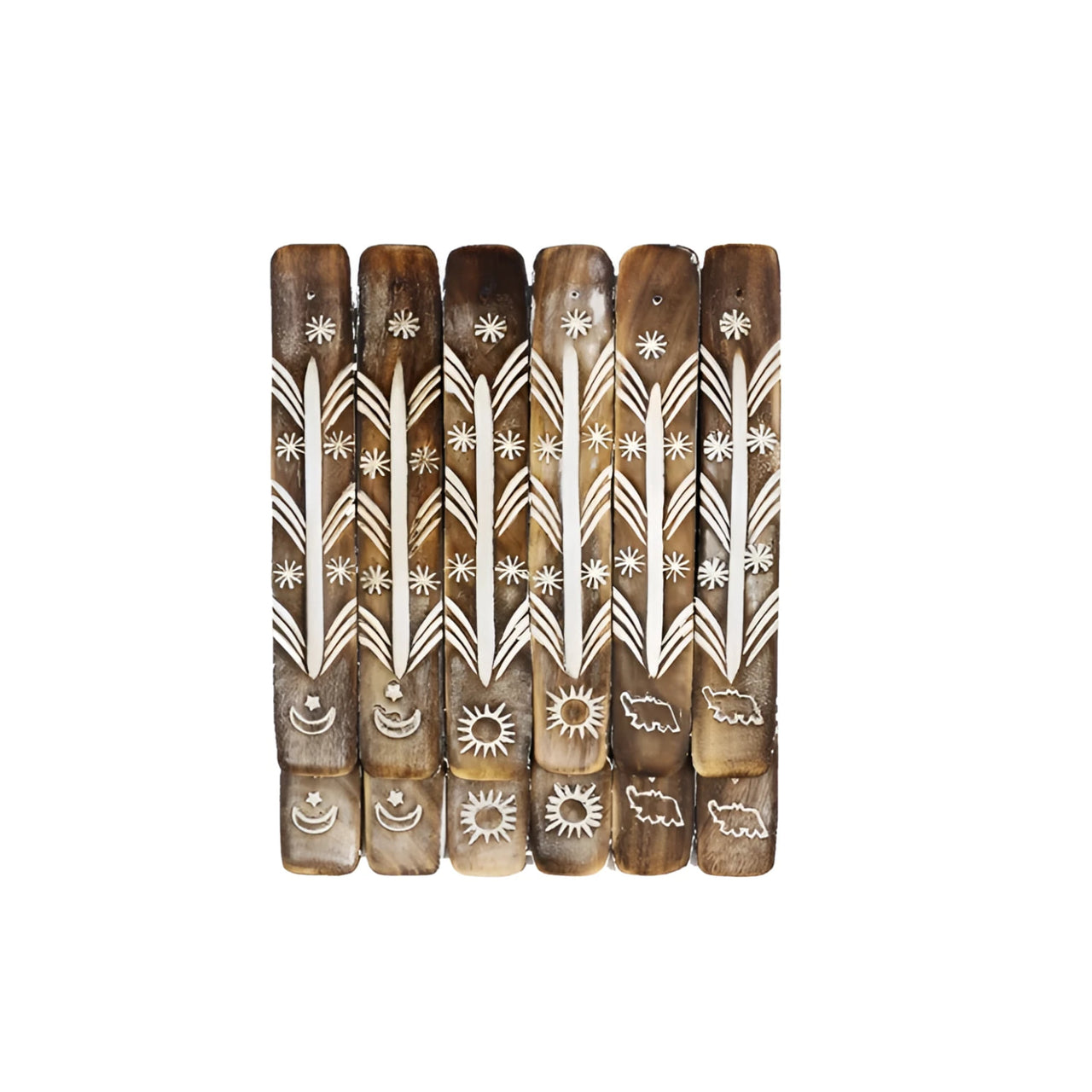 Hand-carved bone incense sticks with geometric motifs in wooden holder