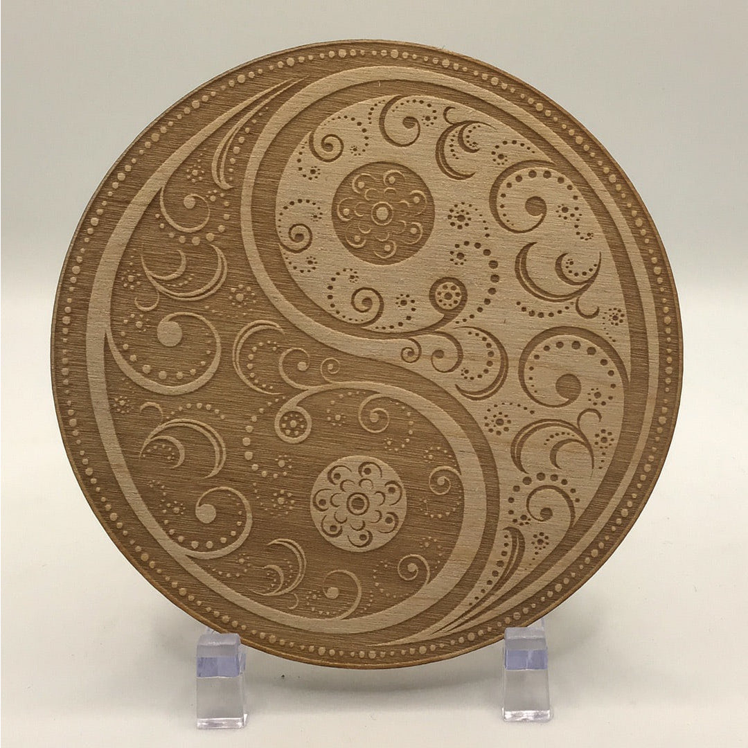 Yin Yang Etched Alder Wood Grid #SK2224 on a wooden plate with an intricate design