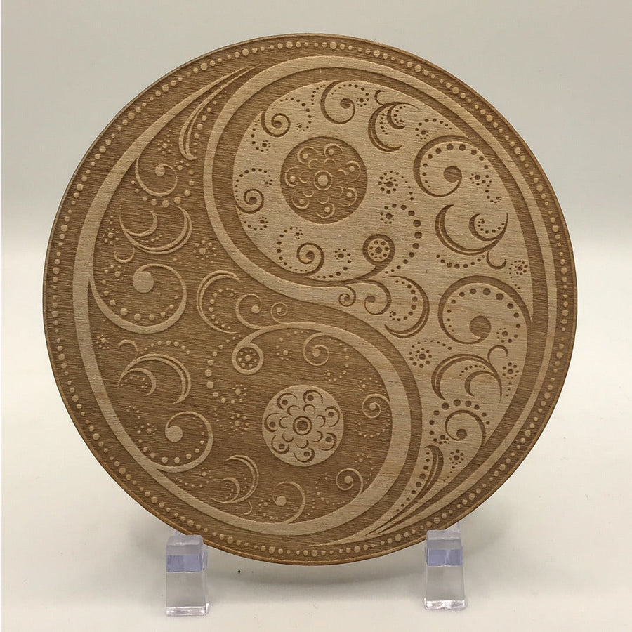 Yin Yang Etched Alder Wood Grid #SK2224 on a wooden plate with an intricate design