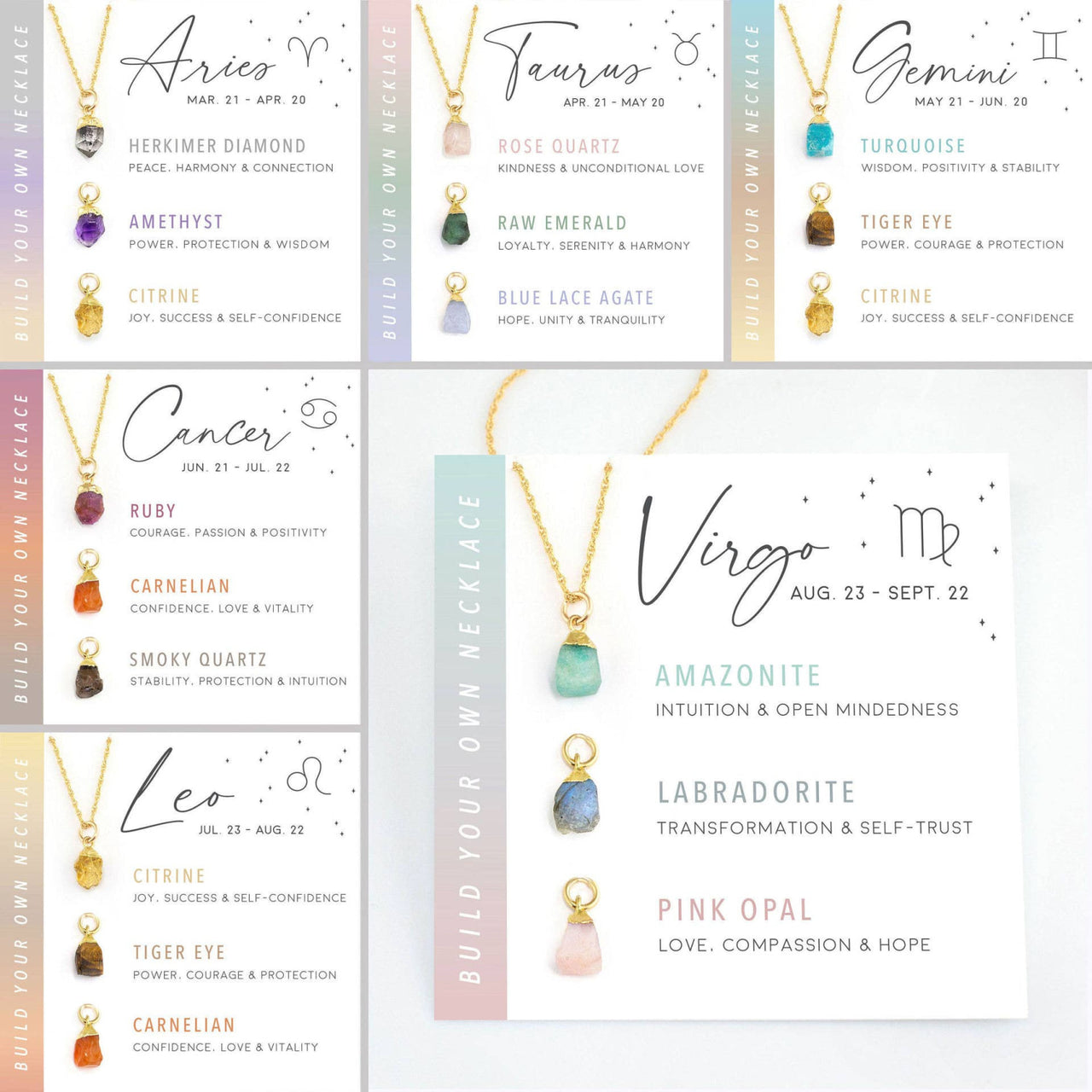 Zodiac-themed necklace display showcasing customizable Zodiac Birthstone Build Your Own Necklace Set