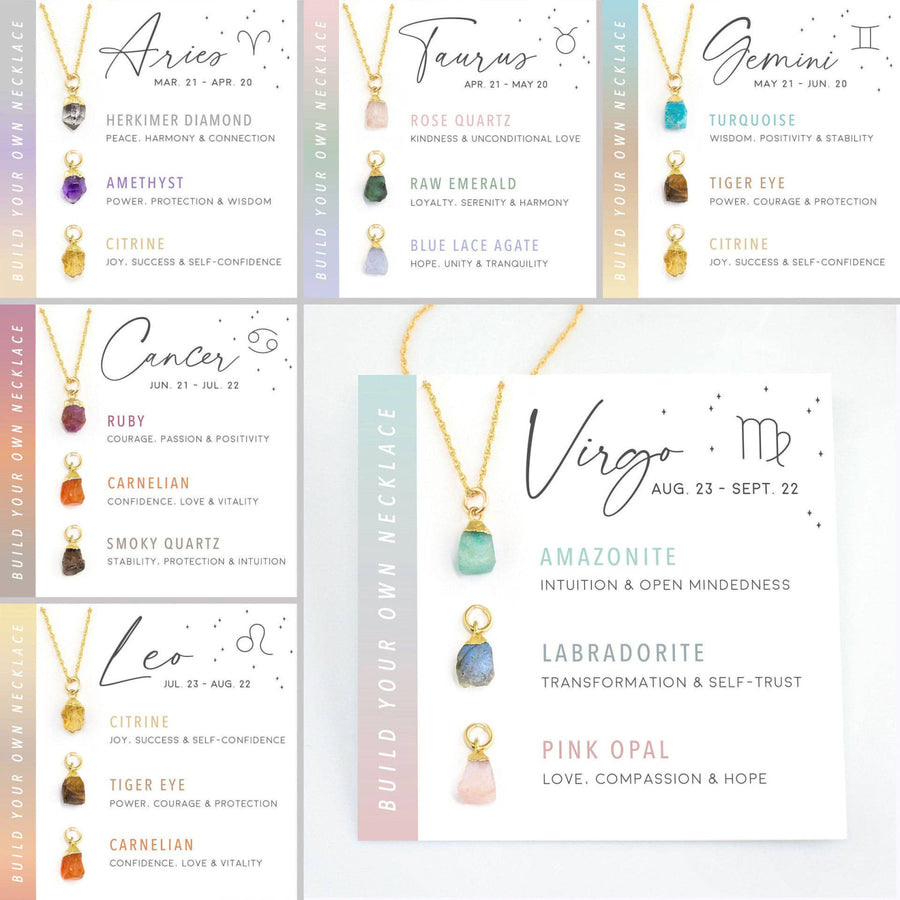 Zodiac-themed necklace display showcasing customizable Zodiac Birthstone Build Your Own Necklace Set