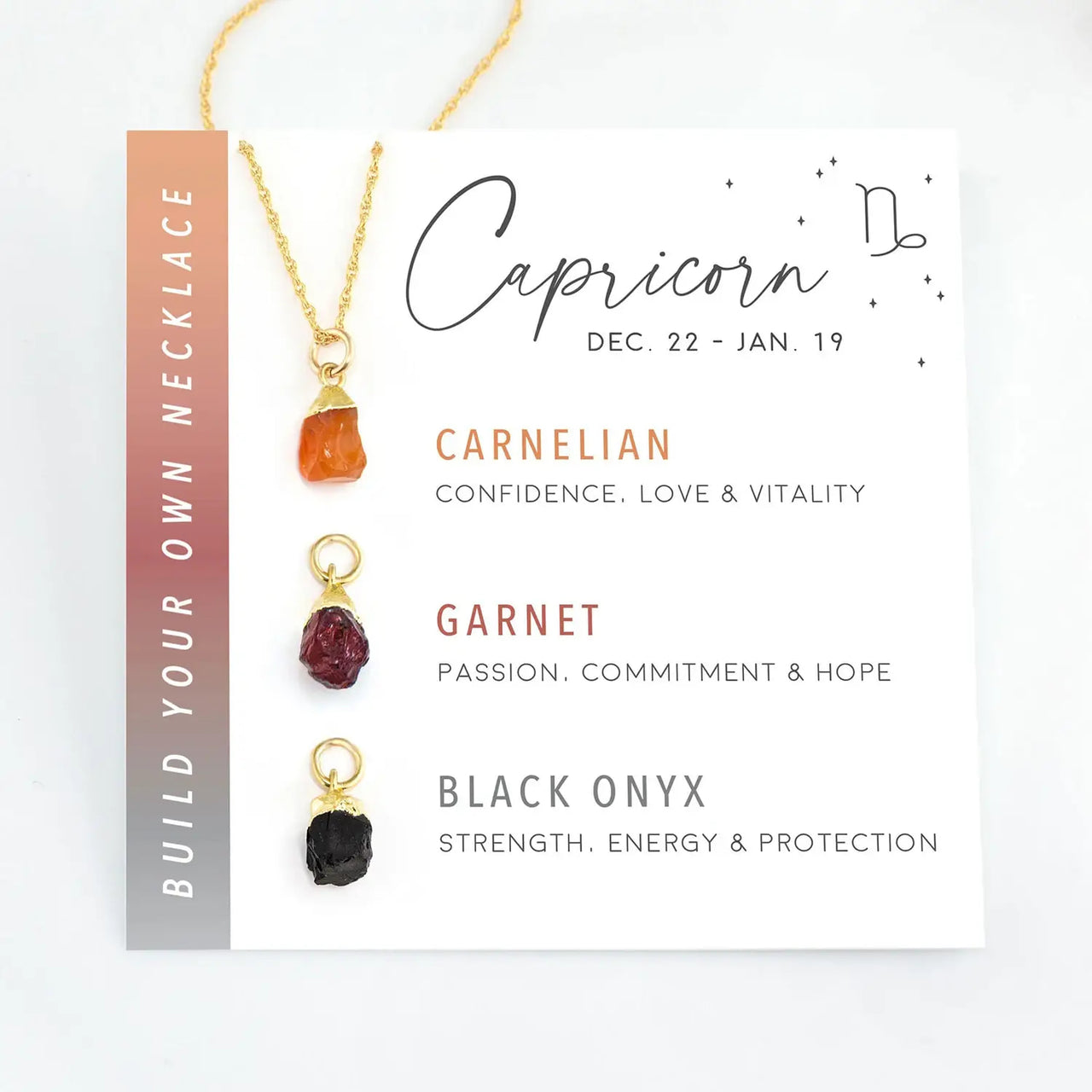 Zodiac-themed gemstone necklace display featuring Zodiac Birthstone Build Your Own Necklace Set