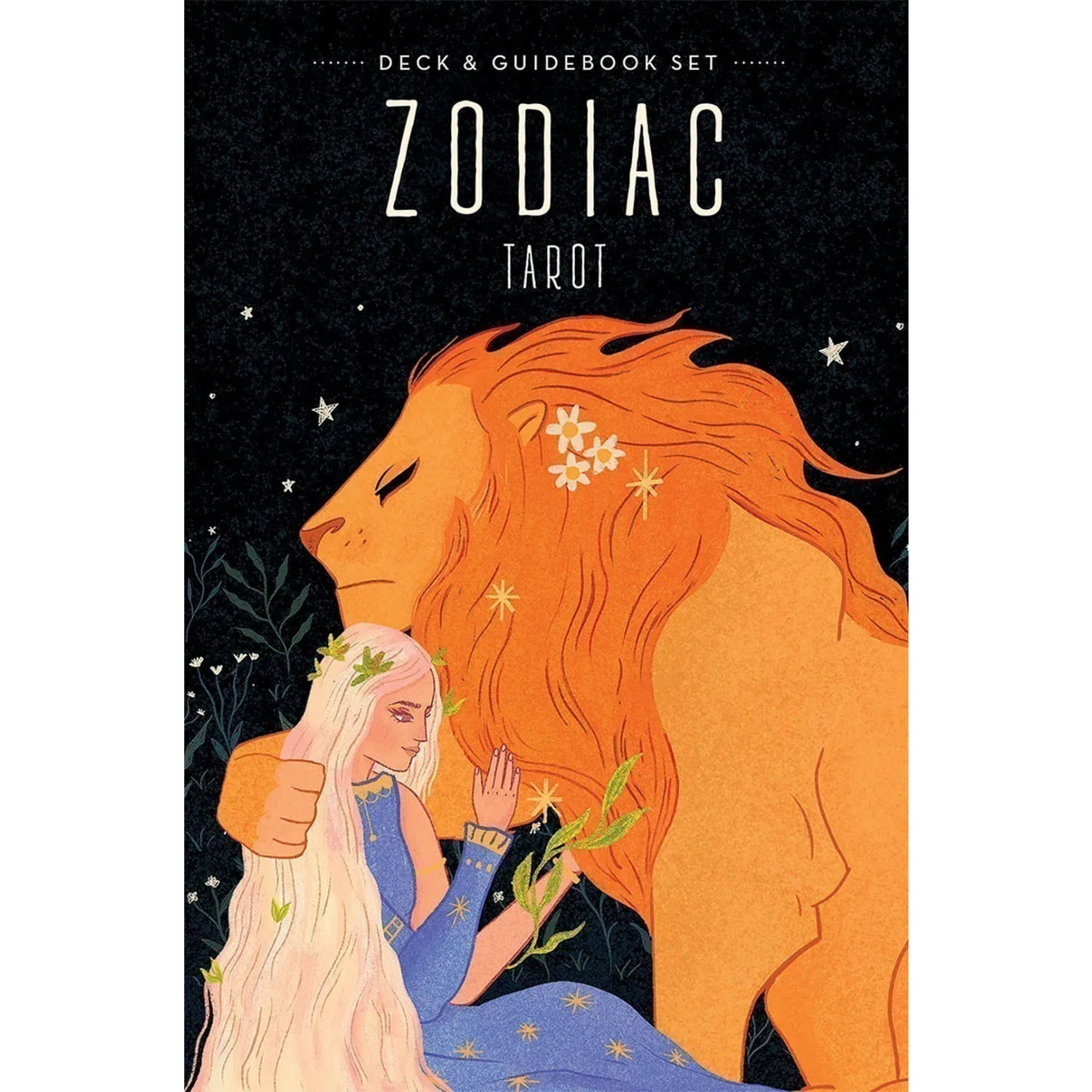 Girl and lion hugging in dark - Zodiac Tarot Deck & Book Set #Q257 featuring zodiac signs