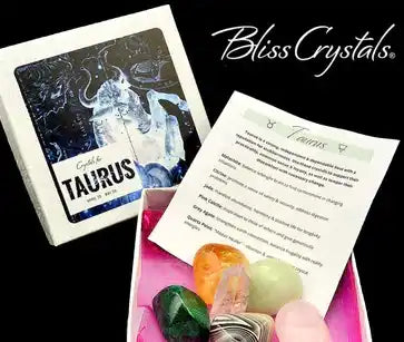 Zodiac-themed crystal set featuring Taurus artwork and healing stones with an information sheet.
