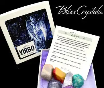Zodiac-themed crystal set with a Virgo card and healing stones in various colors.