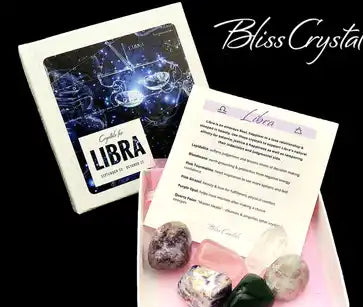 Zodiac-themed Libra crystal set with accompanying information card and assorted healing stones.