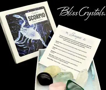 Zodiac-themed Scorpio box with crystals and an information card about the astrological sign.